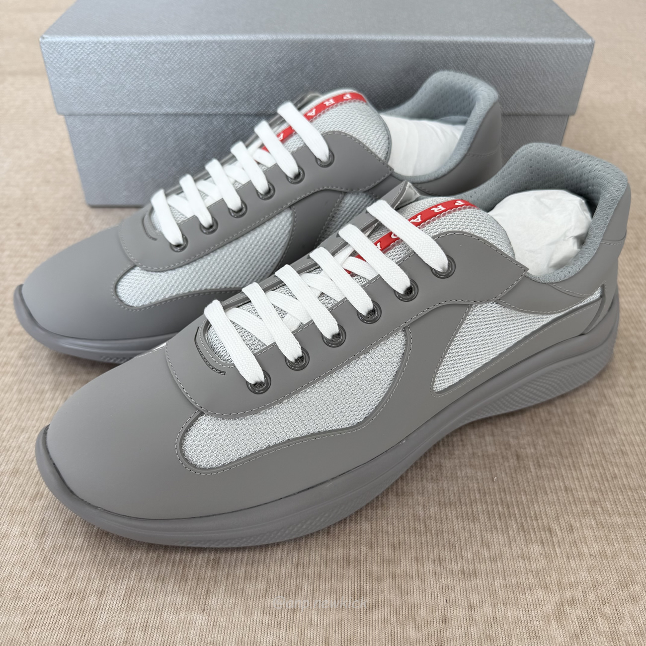 Prada Logo Lacing Low Cut Sneakers In Gray Steel Sneakers (8) - www.newkick.vip